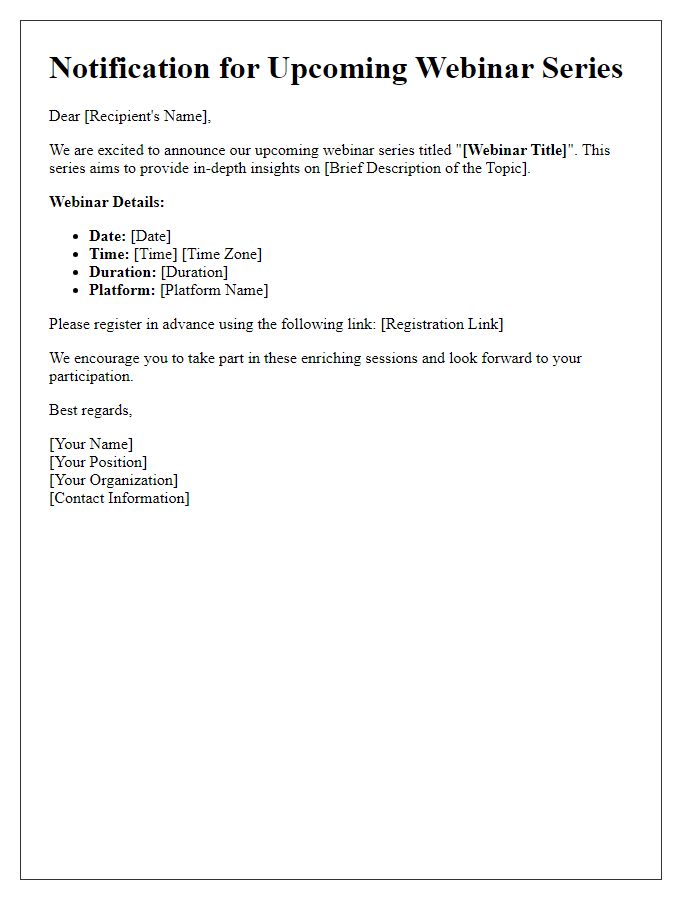 Letter template of notification for webinar series