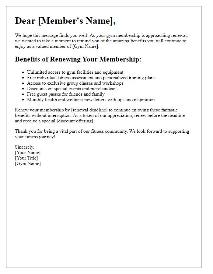 Letter template of gym membership renewal benefits.