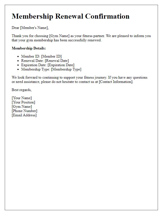 Letter template of gym membership renewal confirmation.