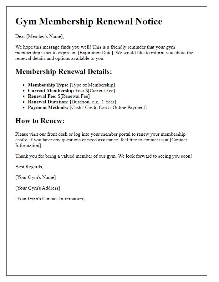 Letter template of gym membership renewal details.