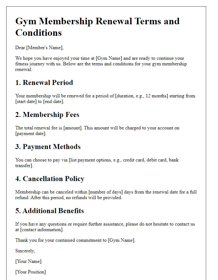 Letter template of gym membership renewal terms and conditions.