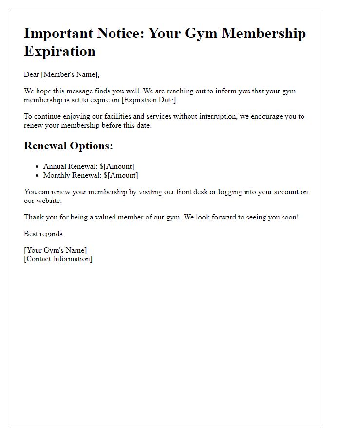 Letter template of upcoming gym membership expiration.