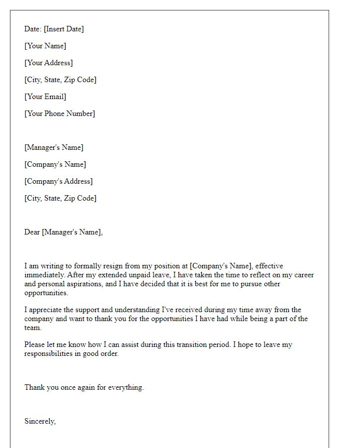 Letter template of resignation after extended unpaid leave.