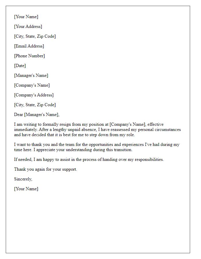 Letter template of resignation after lengthy unpaid absence.