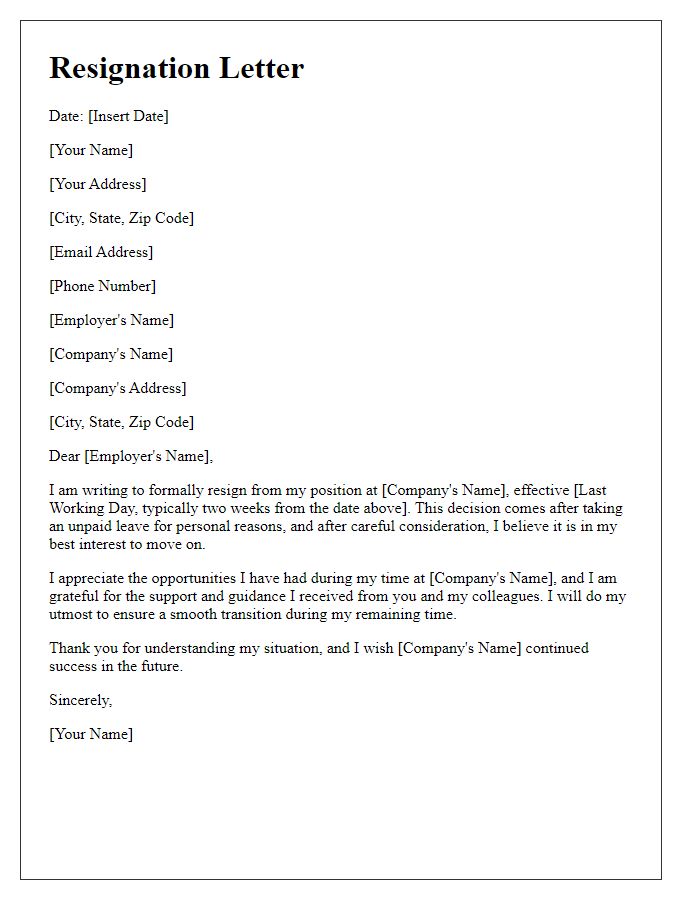 Letter template of resignation after taking unpaid leave for personal reasons.