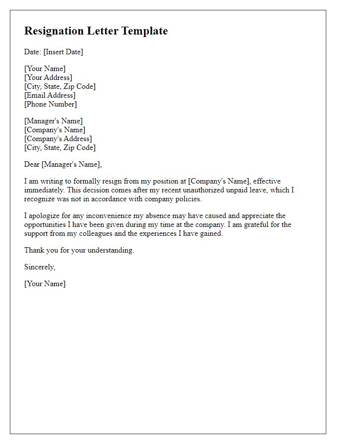 Letter template of resignation after unauthorized unpaid leave.