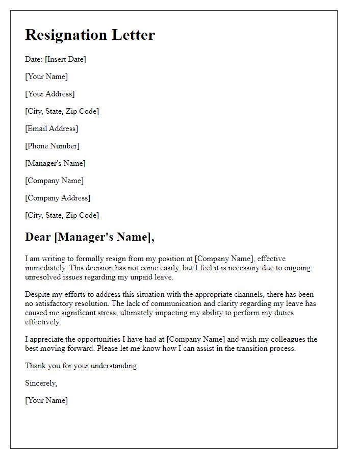 Letter template of resignation due to unresolved unpaid leave issues.