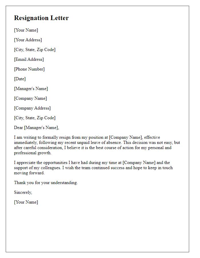 Letter template of resignation following an unpaid leave of absence.