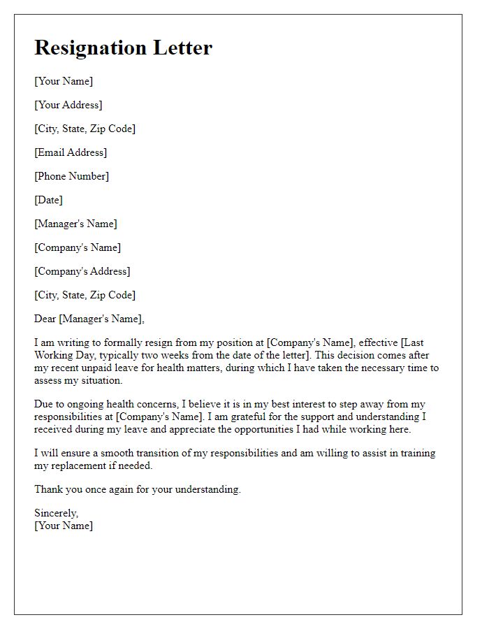 Letter template of resignation post unpaid leave for health matters.