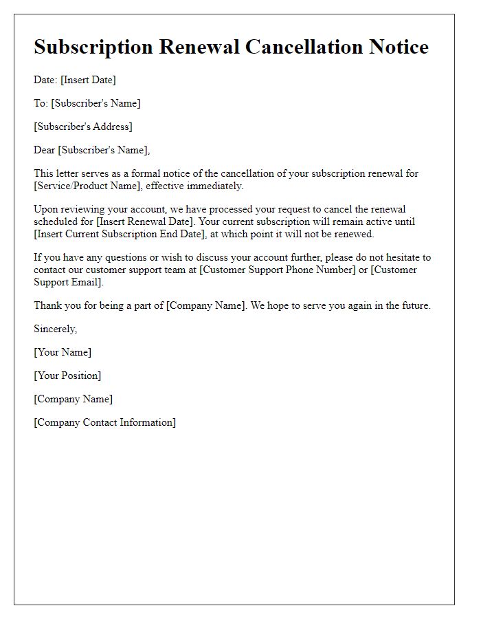 Letter template of subscription service renewal cancellation notice