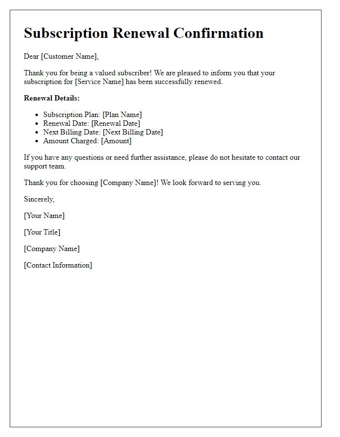 Letter template of subscription service renewal confirmation