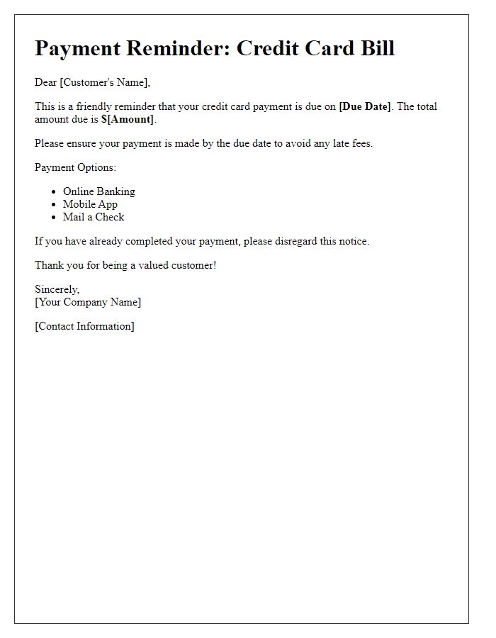 Letter template of credit card bill payment reminder.