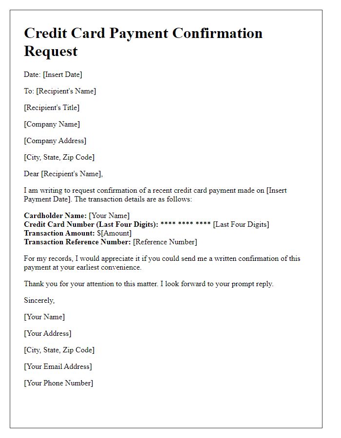 Letter template of credit card payment confirmation request.