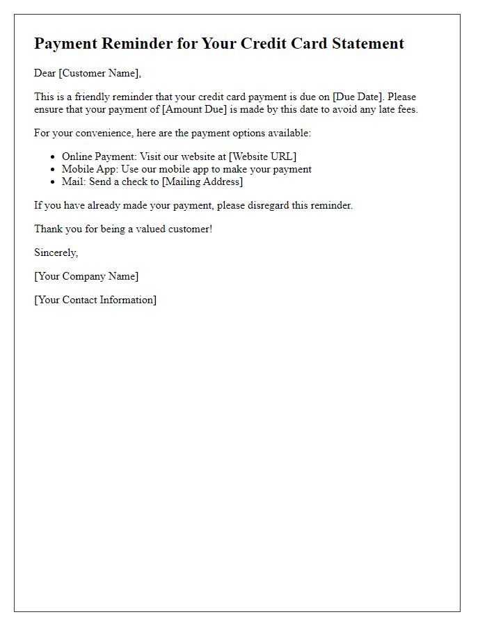 Letter template of credit card statement payment reminder.