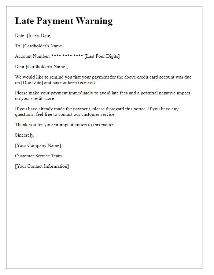 Letter template of late credit card payment warning.