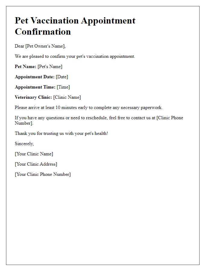 Letter template of pet vaccination appointment confirmation