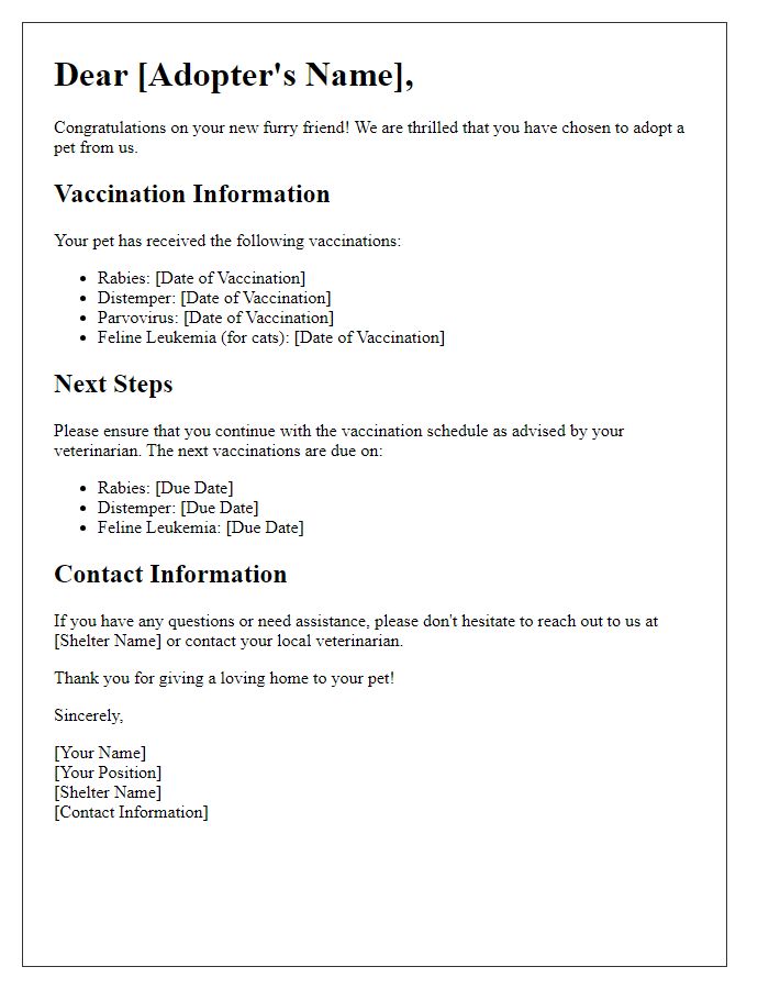 Letter template of pet vaccination information for new pet adopters