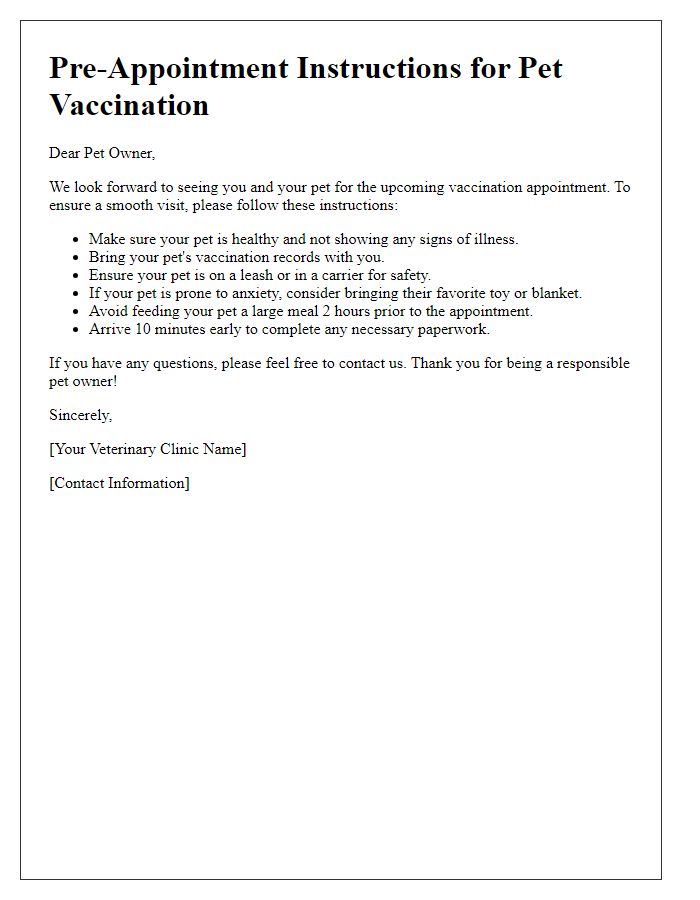 Letter template of pet vaccination pre-appointment instructions