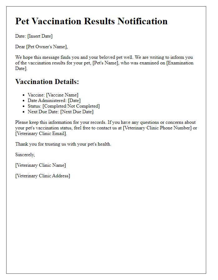 Letter template of pet vaccination results notification