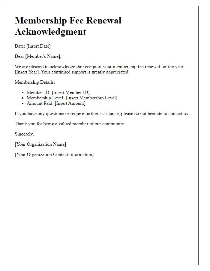 Letter template of acknowledgment for received membership fee renewal.