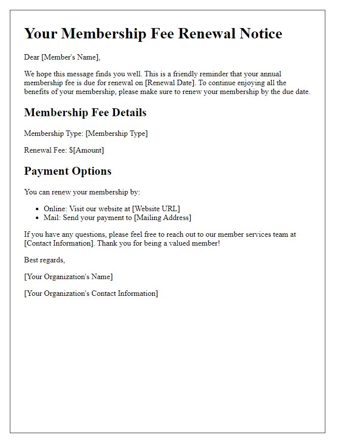 Letter template of annual membership fee renewal notice.