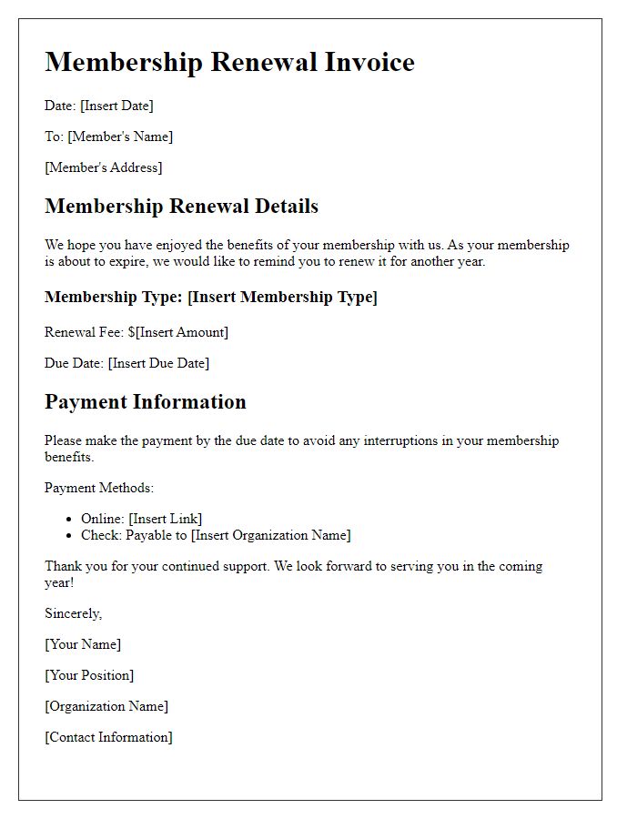 Letter template of renewal invoice for membership fees.