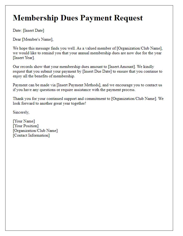 Letter template of request for annual membership dues payment.