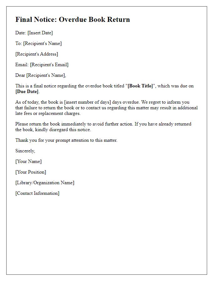 Letter template of final notice for overdue book return