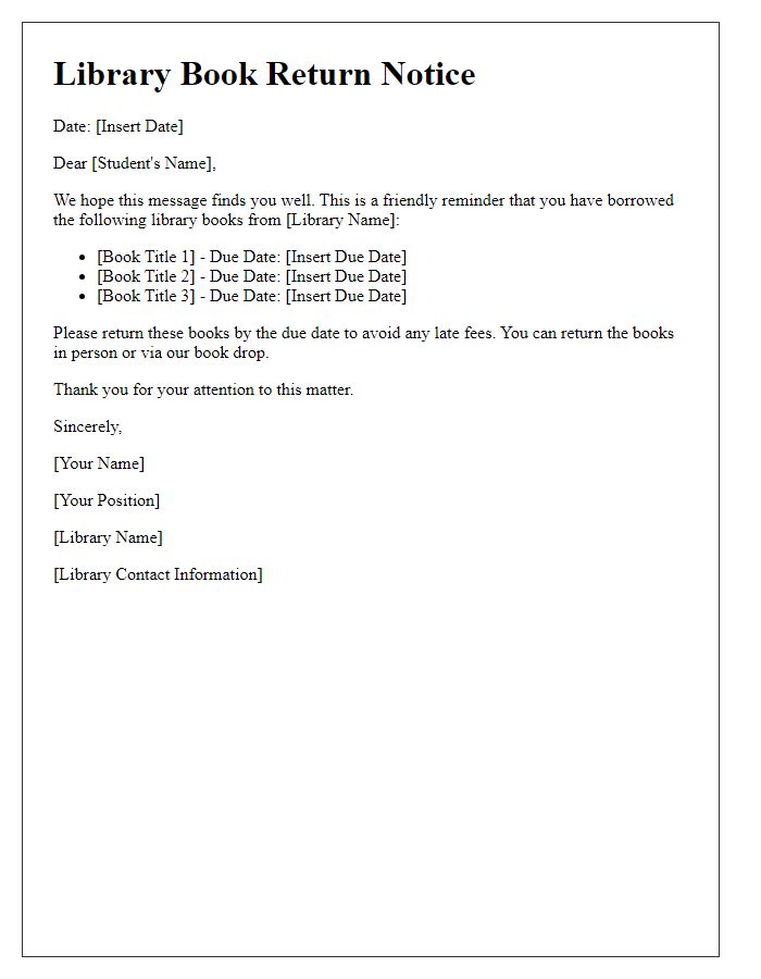 Letter template of library book return notice for students