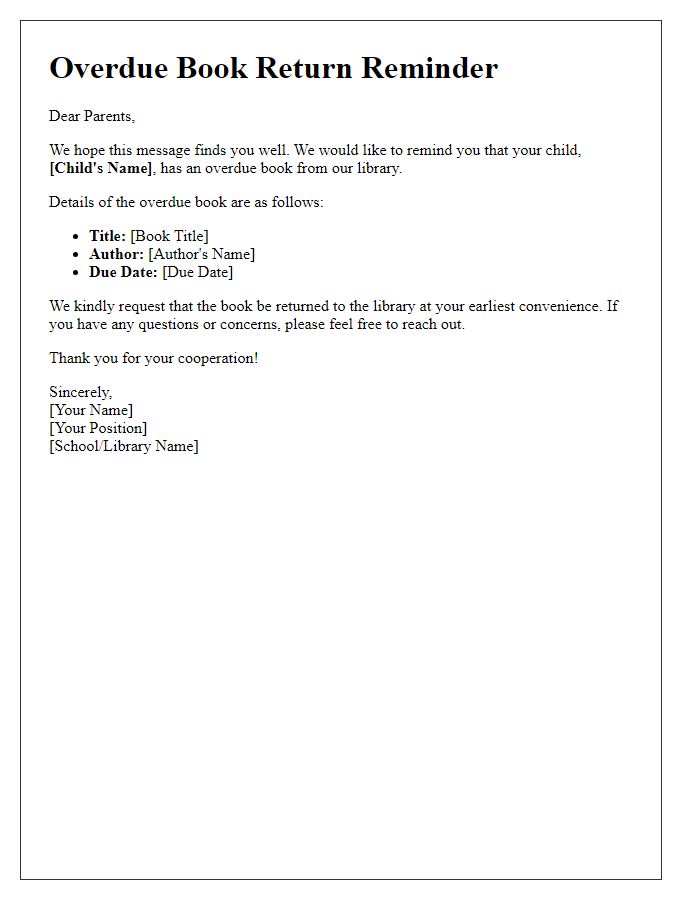 Letter template of overdue book return reminder for parents