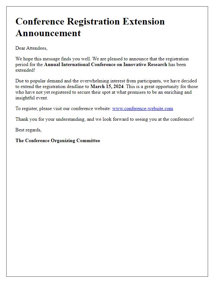 Letter template of conference registration extension announcement