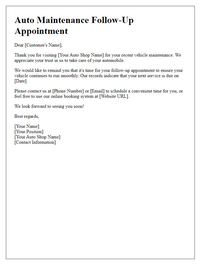 Letter template of auto maintenance follow-up appointment