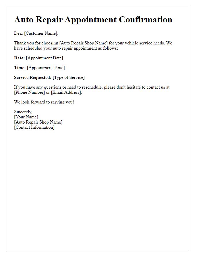 Letter template of auto repair scheduling