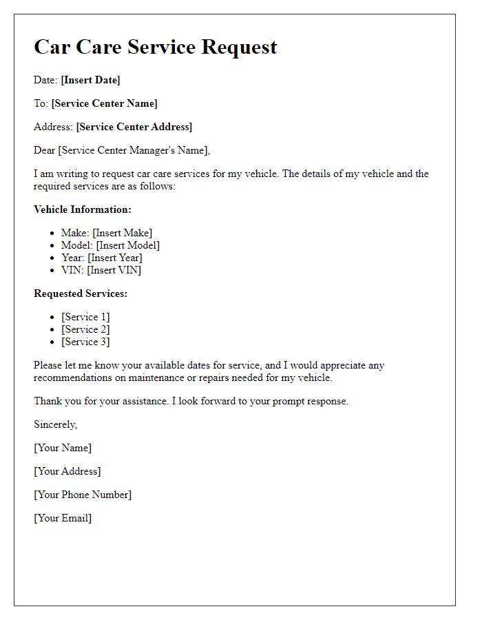 Letter template of car care service request