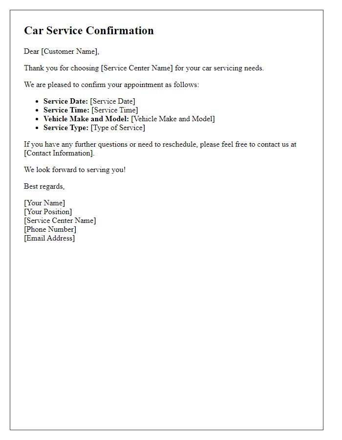 Letter template of car service confirmation