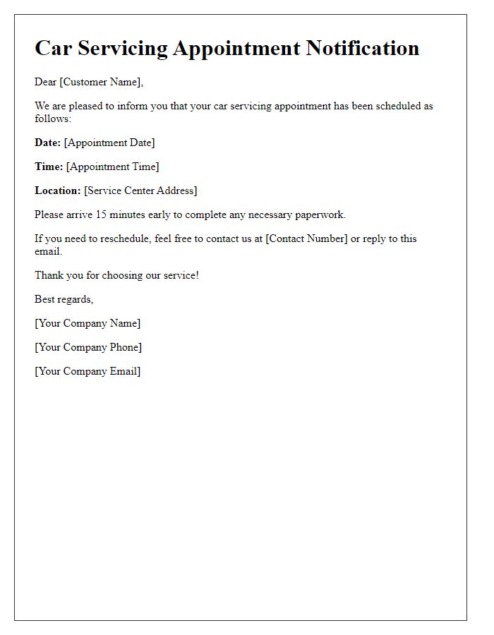 Letter template of car servicing appointment notification