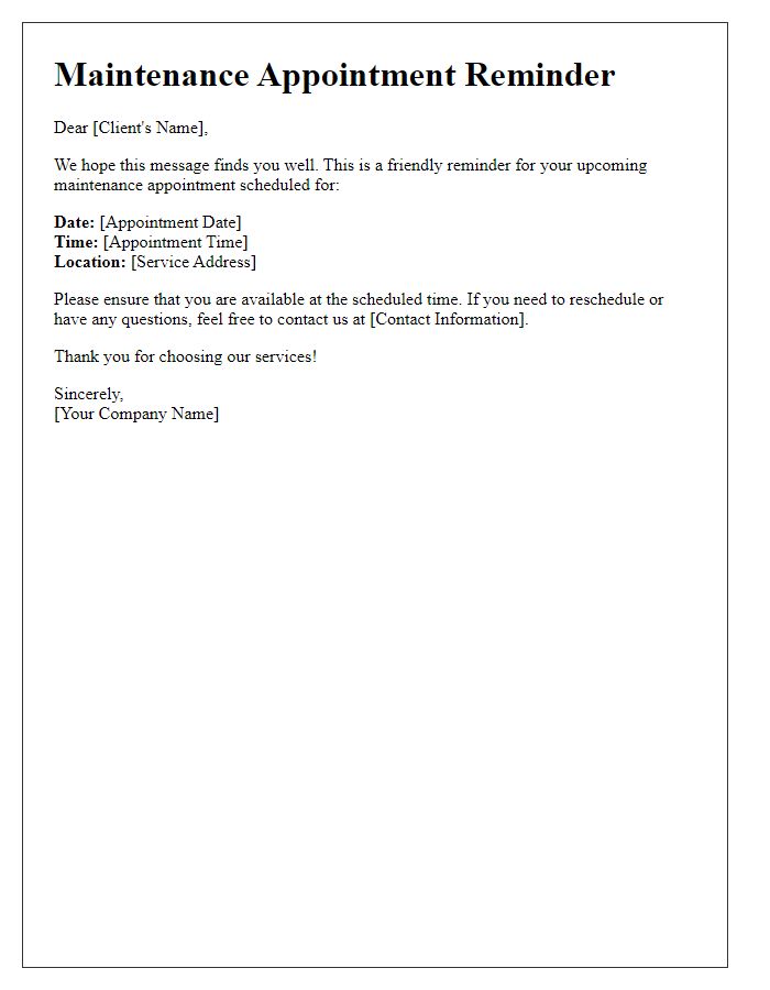 Letter template of maintenance appointment reminder