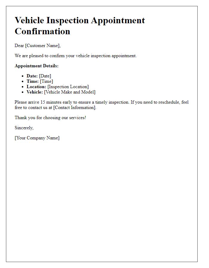 Letter template of vehicle inspection appointment confirmation