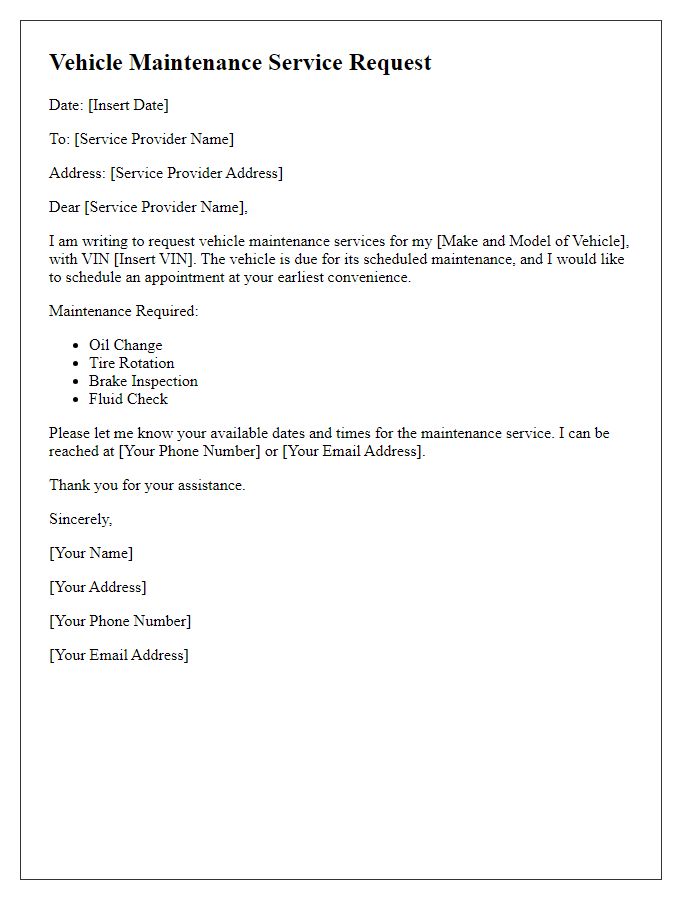 Letter template of vehicle maintenance service request