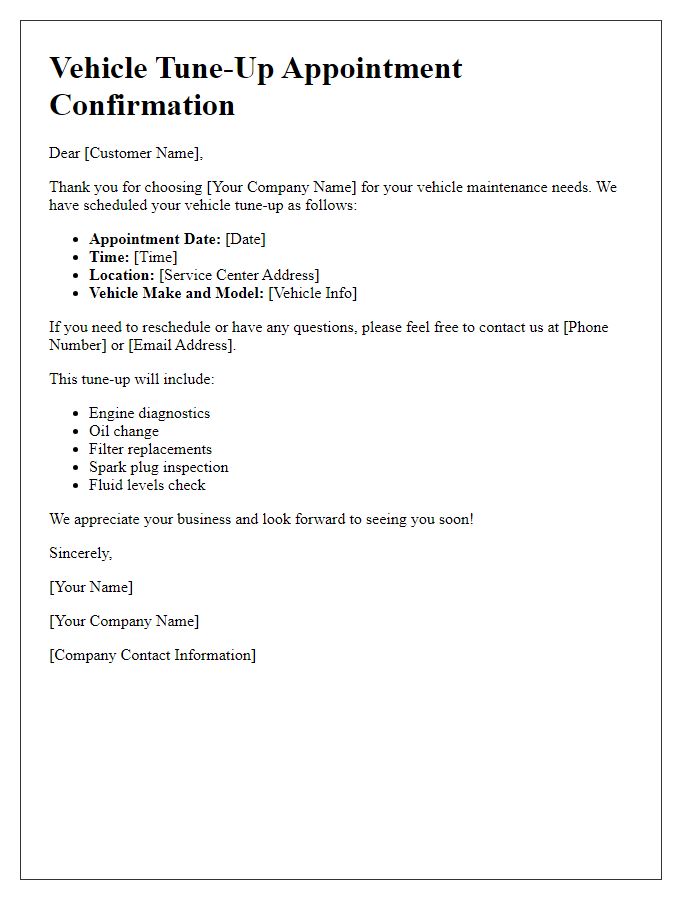 Letter template of vehicle tune-up scheduling