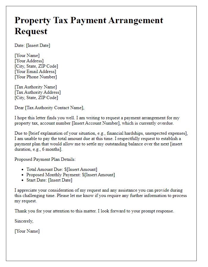 Letter template of property tax payment arrangement request