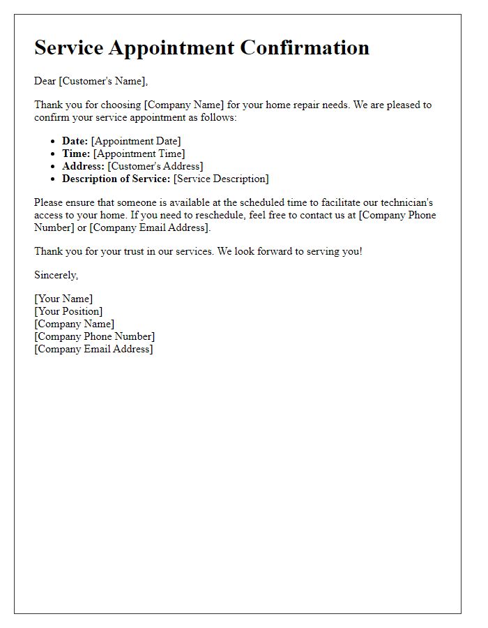 Letter template of service appointment confirmation for home repairs