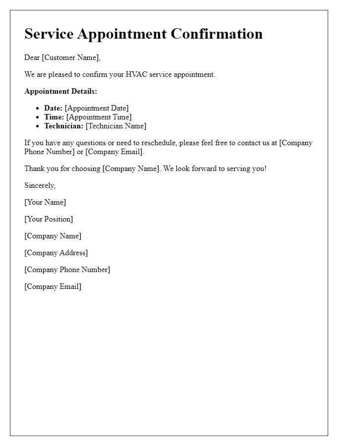 Letter template of service appointment confirmation for HVAC service