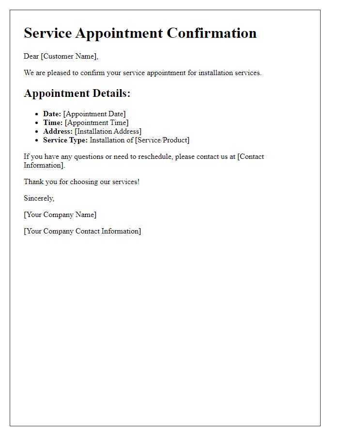 Letter template of service appointment confirmation for installation services