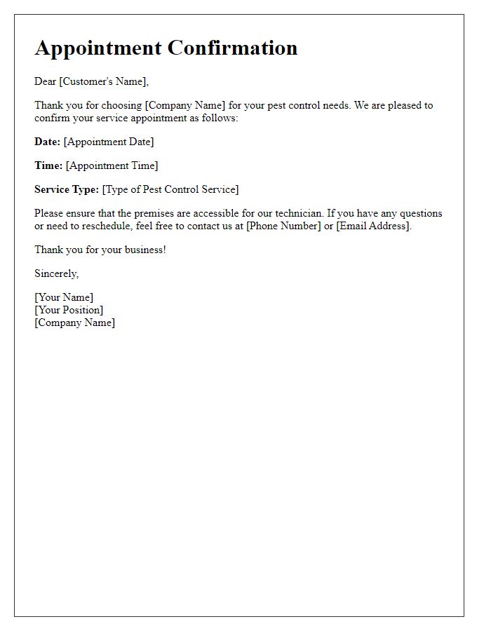 Letter template of service appointment confirmation for pest control services