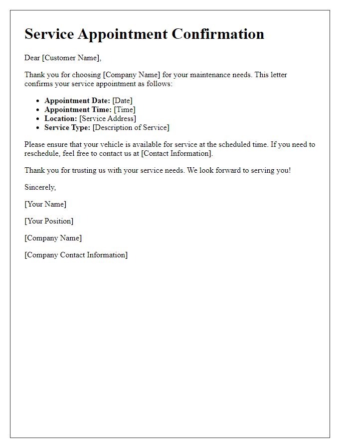 Letter template of service appointment confirmation for scheduled maintenance