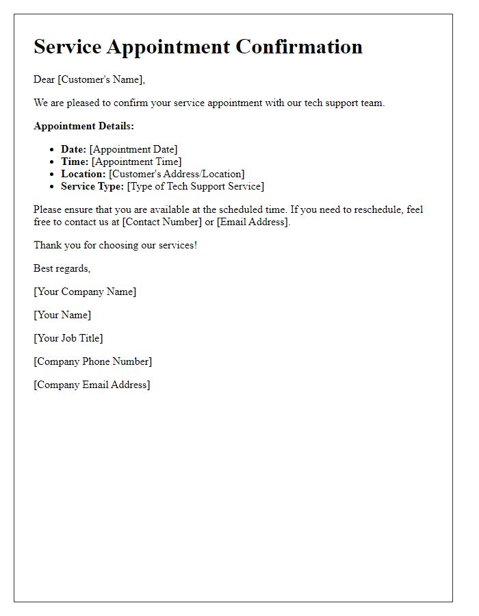 Letter template of service appointment confirmation for tech support