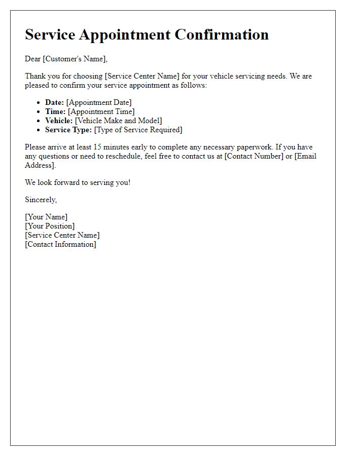 Letter template of service appointment confirmation for vehicle servicing