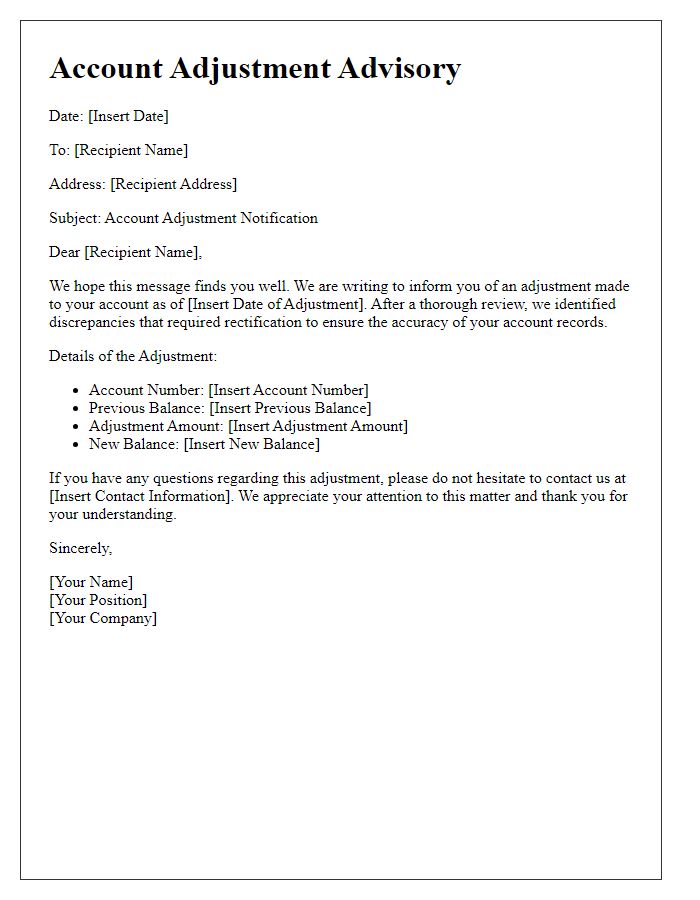 Letter template of account adjustment advisory