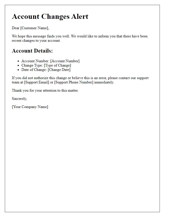 Letter template of account changes alert